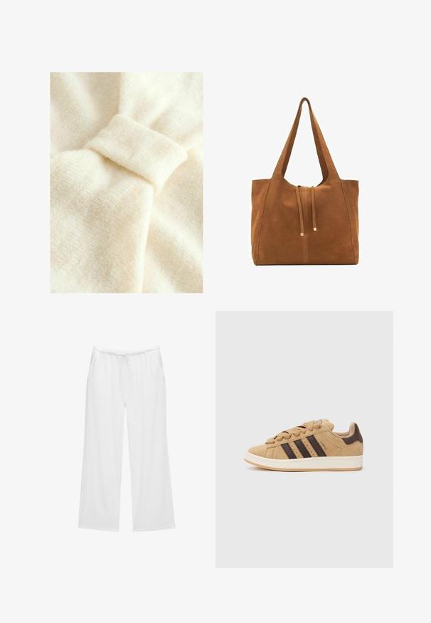 Crème-kleurige stof met een zachte textuur, voorzien van een opvallende knoopdetail en subtiel geweven patroon.; Witte wijde broekspunten gemaakt van zachte stof, met een elastische tailleband en een koord, en twee zijzakken. Eenvoudig en strak ontwerp.; Bruine suède sneakers met drie donkerbruine strepen, een witte zool en beige veters. Gecombineerd met groenblauwe en witte gestreepte broek.; Bruine suède schoudertas met twee lange hengsels, trekkoordsluiting en minimalistisch ontwerp. Gladde textuur en geen zichtbare hardware-accenten.