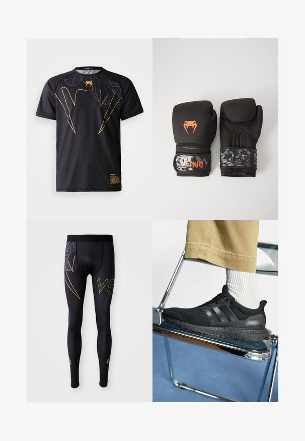 Czarna, krótko rękawowa koszulka sportowa z złotym wzorem kłów węża oraz subtelnym wzorem łusek węża na górnej części klatki piersiowej i prawym ramieniu.; Czarne legginsy sportowe o gładkiej fakturze, z złotymi akcentami i graficznym wzorem na nogach. Elastyczny pas dla komfortu.; Czarne sneakersy Adidas Ultra Boost mają siateczkową cholewkę, trzy paski oraz teksturowaną, amortyzującą podeszwę, ustawione na chromowanym krześle.; Czarne rękawice bokserskie o matowym wykończeniu i ergonomicznym kształcie. Pomarańczowe detale logo oraz rękawy w wzór kamuflażowy.
