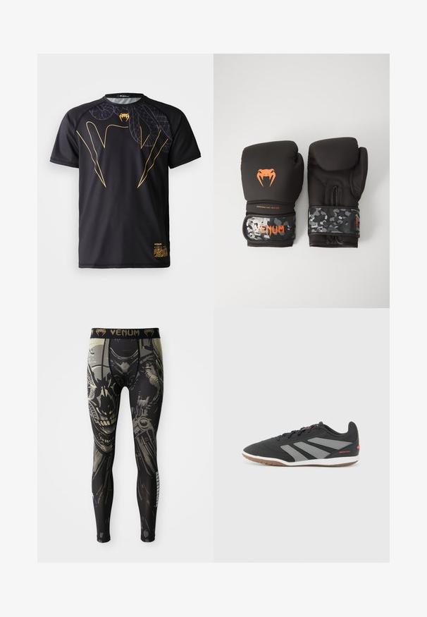 Tricou sportiv negru cu mâneci scurte, cu un design de colți de șarpe aurii și un model subtil de solzi de șarpe pe partea superioară a pieptului și pe umărul drept.; Leggings de compresie negre și gri cu un design detaliat al unei fețe de robot sau cyborg și cu logo-ul "VENUM" pe talie.; Pantofi indoor negri cu accente gri. Prezintă un superior texturat, guler căptușit și o talpă din cauciuc gumos. Marcati cu "INDOOR SALA" în roșu.; Mănuși de box negre cu un finisaj mat și design ergonomic. Detalii cu logo portocaliu și curele pentru încheietură cu model de camuflaj.