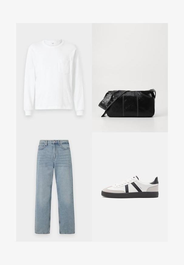 Hvid langærmet T-shirt lavet af bomuld. Har en rund halsudskæring og en lille brystlomme. Blød tekstur med ribbede manchetter.; Lys blå denim jeans med høj talje, lige ben-design, fem-lommes styling og subtil falming for et slidt udseende.; Hvide sneakers med sorte og grå detaljer, med en tekstureret grå tåhætte, sort gummisål og flade hvide snørebånd. Rent design, minimalistisk stil.; Sort læder skuldertaske med lynlås, der har en tekstureret overflade, hvid syning og en rem med sølvøskner.