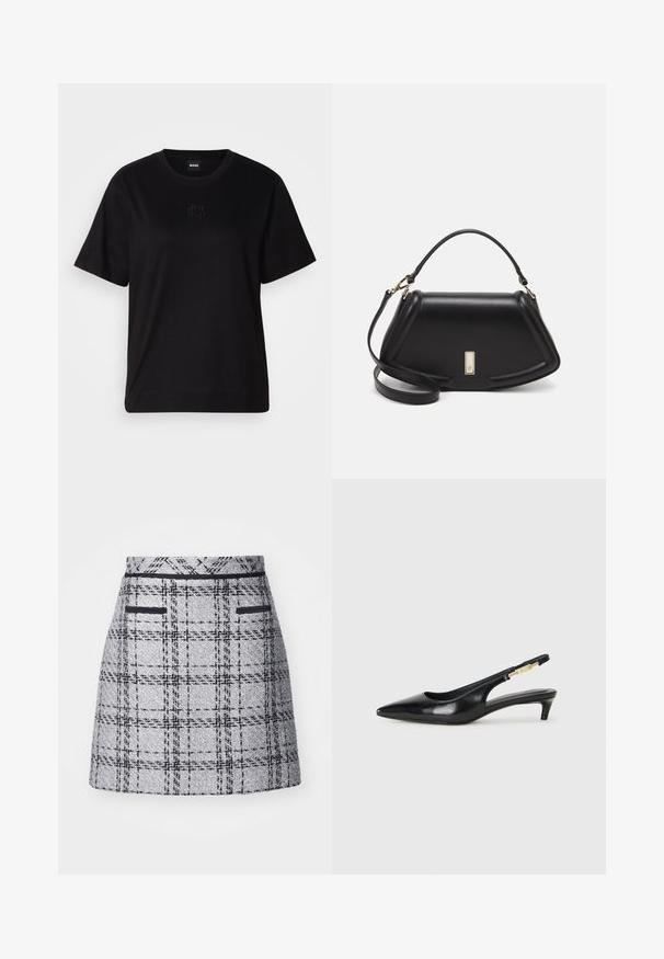 Black cotton t-shirt with a crew neckline, short sleeves, and an embroidered logo on the chest. Simple, relaxed fit with no patterns.; Gray plaid skirt featuring a textured fabric, slim fit, and black trim. Includes two front pockets with black detailing.; Black leather slingback heels with a pointed toe, featuring a slim heel and a gold-tone accent on the adjustable strap. Smooth texture.; Black leather handbag with a structured design, featuring a cropped shape, top handle, and gold hardware accent. Adjustable shoulder strap included.