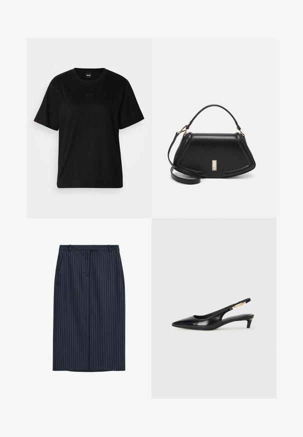 Čierne bavlnené tričko s okrúhlym výstrihom, krátkymi rukávmi a vyšívaným logom na hrudi. Jednoduchý, voľný strih bez vzorov.; Námornícky prúžkovaná ceruzková sukňa s rovnou siluetou, prednými vreckami, pásom a hladkou textúrou. Žiadne viditeľné zapínania ani uzávery.; Čierne kožené slingback opätky s špicatou špičkou, s úzkym opätkom a zlatým detailom na nastaviteľnom remienku. Hladká textúra.; Čierna kožená kabelka so štruktúrovaným dizajnom, s krátkym tvarom, hornou rúčkou a zlatými prvkami. Súčasťou je nastaviteľný ramenný popruh.