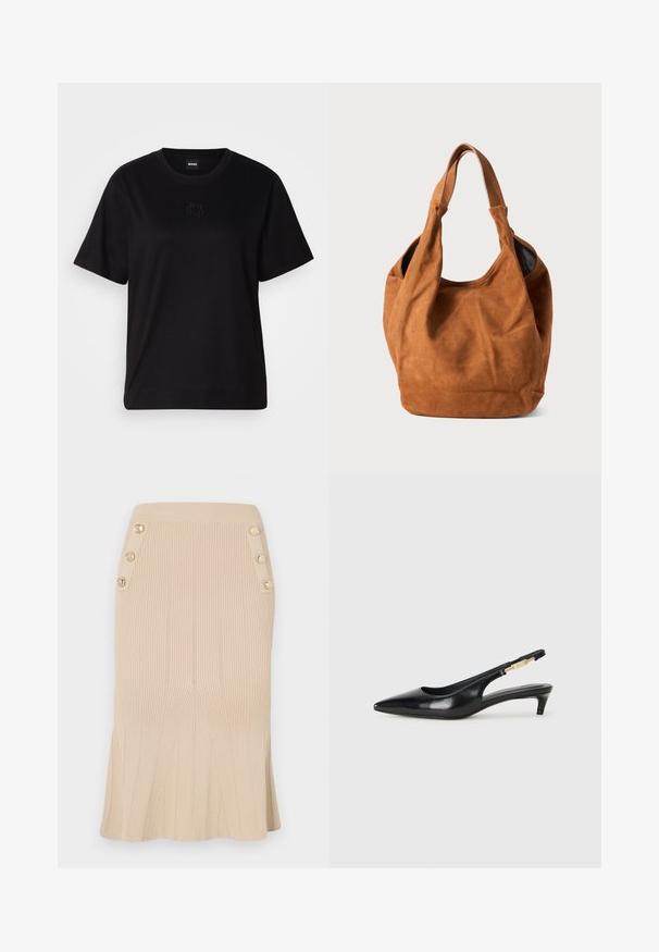 Fekete pamut póló kerek nyakkivágással, rövid ujjakkal és hímzett logóval a mellkasán. Egyszerű, laza szabás, minta nélkül.; Beige kötött ceruzaszok függőleges bordázással, flared szegéllyel és arany márkázott gombokkal az oldalán a részletek kiemelésére.; Fekete bőr slingback magassarkúk, hegyes orral, vékony sarkakkal és arany színű részlettel a állítható pánton. Simа felület.; Barna velúr válltáska puha textúrával, ívelt formával és két füllel. Jellemzője a minimalista dizájn, amelyen nincsenek látható fémrészletek vagy díszítések.