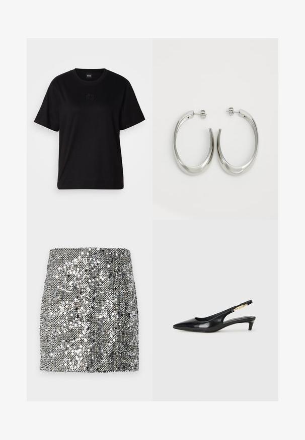 Čierne bavlnené tričko s okrúhlym výstrihom, krátkymi rukávmi a vyšívaným logom na hrudi. Jednoduchý, voľný strih bez vzorov.; Mini sukňa so sequinmi s kovovým strieborným a čiernym farebným schémou, textúrovaným povrchom s odrazovými sequinmi a priliehavým strihom.; Čierne kožené slingback opätky s špicatou špičkou, s úzkym opätkom a zlatým detailom na nastaviteľnom remienku. Hladká textúra.; Strieborné kruhové náušnice s hladkým, zakriveným dizajnom. Majú lesklý kovový povrch a zapínanie na kolík. Žiadne viditeľné vzory ani akcenty.