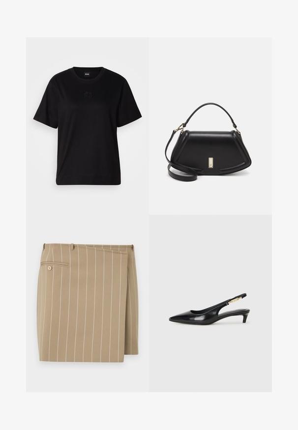 Black cotton t-shirt with a crew neckline, short sleeves, and an embroidered logo on the chest. Simple, relaxed fit with no patterns.; Beige skirt with vertical white stripes, made from a textured fabric. Features a front flap and a back pocket with a button detail.; Black leather slingback heels with a pointed toe, featuring a slim heel and a gold-tone accent on the adjustable strap. Smooth texture.; Black leather handbag with a structured design, featuring a cropped shape, top handle, and gold hardware accent. Adjustable shoulder strap included.