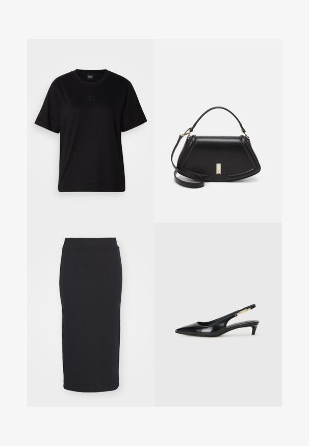 Μαύρο βαμβακερό μπλουζάκι με στρογγυλή λαιμόκοψη, κοντά μανίκια και κεντημένο λογότυπο στο στήθος. Απλή, χαλαρή γραμμή χωρίς σχέδια.; HUGO NINA - Pencil φούστα - black; Μαύρες δερμάτινες γόβες slingback με μυτερή μύτη, διαθέτοντας λεπτό τακούνι και χρυσή λεπτομέρεια στην ρυθμιζόμενη λωρίδα. Λείος υφές.; Μαύρη δερμάτινη τσάντα με δομημένο σχέδιο, που διαθέτει κομμένο σχήμα, επάνω λαβή και χρυσά μεταλλικά στοιχεία. Περιλαμβάνει ρυθμιζόμενο λουρί ώμου.