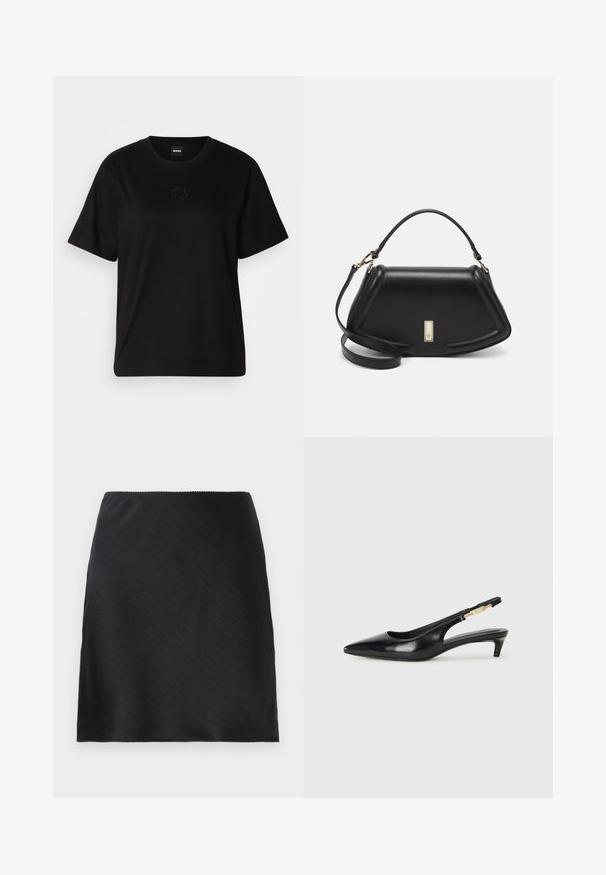 Maglietta in cotone nera con scollatura tonda, maniche corte e logo ricamato sul petto. Design semplice e vestibilità rilassata senza motivi.; Gonna mini nera in satin con una texture liscia e un orlo dritto, presentata su uno sfondo bianco semplice.; Tacchi slingback in pelle nera con punta affusolata, caratterizzati da un tacco alto e un accento dorato sulla cinghia regolabile. Texture liscia.; Borsa a mano in pelle nera con un design strutturato, caratterizzata da una forma corta, manico superiore e accessori in metallo dorato. Inclusa tracolla regolabile.