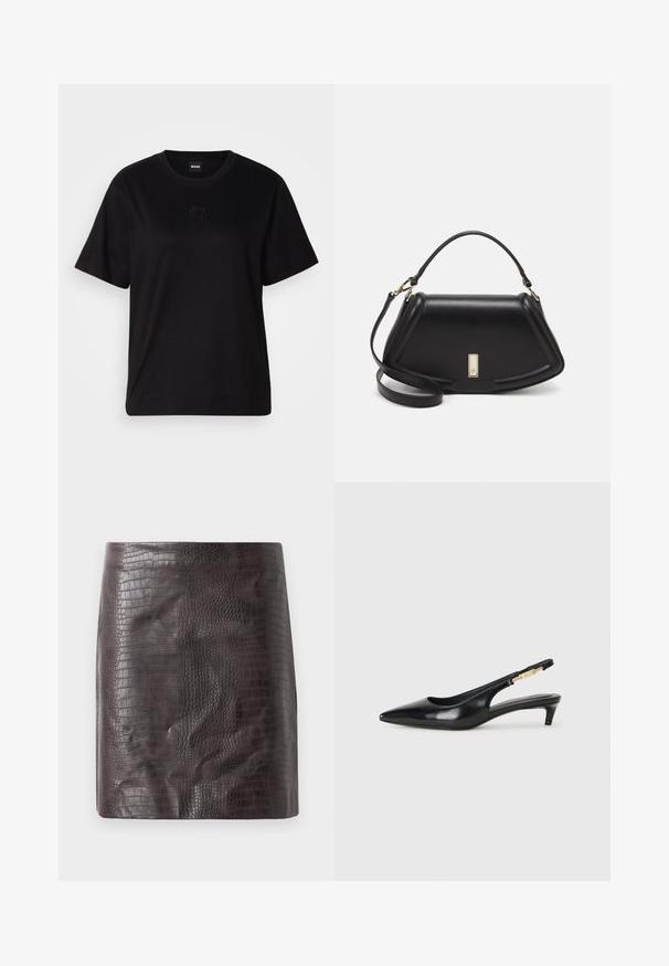 Črna bombažna majica s krožnim izrezom, kratkimi rokavi in izvezenim logotipom na prsih. Preprosta, sproščena silhueta brez vzorcev.; Kratka krilo s učkom krokodila v temno rjavi barvi, z gladko teksturo in oprijetim silhueto ter rahlim razširjenjem na robu.; Črne usnjene sandale na peto z ostro konico, ki imajo tanko peto in zlat ton na nastavljivem traku. Gladka tekstura.; Črna usnjena torbica s strukturnim dizajnom, ki ima skrajšano obliko, zgornji ročaj in zlate dodatke. Vključena je nastavljiva ramenska naramnica.