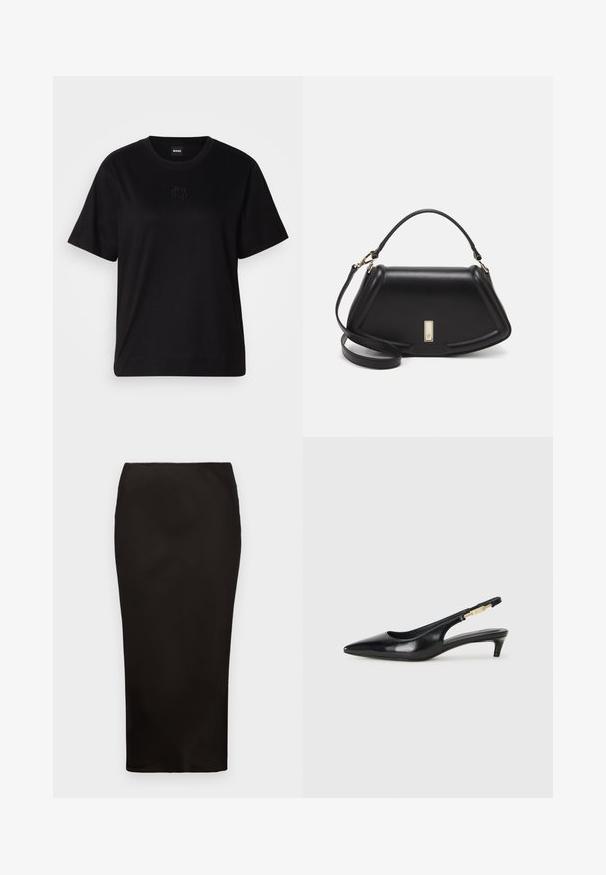 Zwarte katoenen t-shirt met een ronde hals, korte mouwen en een geborduurd logo op de borst. Eenvoudige, comfortabele pasvorm zonder patronen.; Zwarte, knielange kokerrok van soepele stof met een elastische tailleband, met een eenvoudig, minimalistisch ontwerp en geen zichtbare hardware.; Zwarte leren slingback hakken met een spitse neus, voorzien van een slanke hak en een goudkleurige accent op de verstelbare band. Gladde textuur.; Zwarte leren handtas met een gestructureerd ontwerp, featuring een verkorte vorm, bovenhandvat en gouden hardwareaccent. Inclusief verstelbare schouderband.