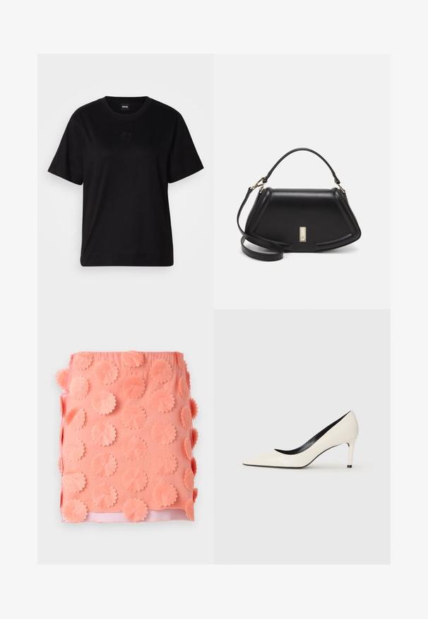 Zwarte katoenen t-shirt met een ronde hals, korte mouwen en een geborduurd logo op de borst. Eenvoudige, comfortabele pasvorm zonder patronen.; Koraalrok met een gestructureerd oppervlak voorzien van ronde stofapplicaties. Elastische tailleband en een gladde binnenvoering.; Witte gepatineerde leren hoge hakken met een puntige neus, slanke hak en zwarte interieurafwerking. Gladde textuur en stijlvolle uitstraling.; Zwarte leren handtas met een gestructureerd ontwerp, featuring een verkorte vorm, bovenhandvat en gouden hardwareaccent. Inclusief verstelbare schouderband.