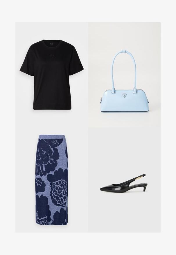 Melna kokvilnas T-krekls ar apaļu izgriezumu, īsām piedurknēm un izšūtu logotipu uz krūtīm. Vienkāršs, brīvs piegriezums bez rakstiem.; Adīta svārku grupa ar lieliem ziedu rakstiem tumši zilos un gaišāk zilos toņos. Taisna forma ar svītrainu jostu. Mīksta tekstūra.; Melnas ādas slingback zābaki ar smailu purngalu, ar šauru papēdi un zelta krāsas akcentu uz regulējama siksniņas. Gluda tekstūra.; Gaiši zila rokassoma ar strukturētu formu, gludu ādas materiālu, divām rokturiem un triķsveida zīmola logo priekšpusē. Ar rāvējslēdzēja aizdari.