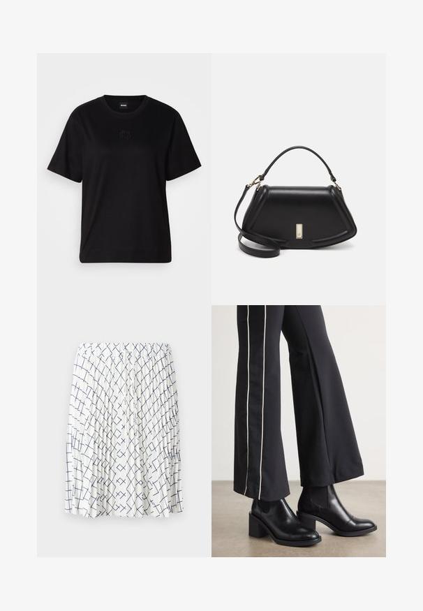 T-shirt en coton noir avec un col rond, des manches courtes et un logo brodé sur la poitrine. Coupe simple et décontractée sans motifs.; Jupe blanche avec un design plissé, arborant un motif géométrique bleu marine de lignes entrecroisées. Taille élastique avec un détail de cordon.; Bottines en cuir Noir avec un talon bloc, dotées de panneaux élastiques sur les côtés. Associées à un pantalon noir avec une rayure blanche sur le côté.; Sac à main en cuir noir avec un design structuré, featuring une forme cropped, une poignée supérieure et des accents en matériel doré. Bandoulière réglable incluse.