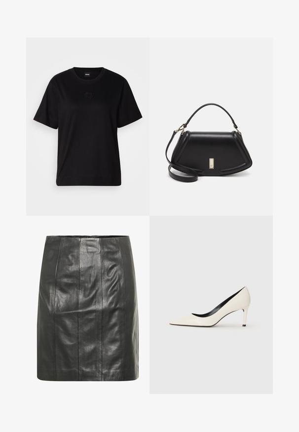 Schwarzes Baumwoll-T-Shirt mit Rundhalsausschnitt, kurzen Ärmeln und aufgesticktem Logo auf der Brust. Einfacher, lässiger Schnitt ohne Muster.; Schwarzer Lederrock mit einer figurbetonten Silhouette, der vertikale Nähte für zusätzliche Textur und ein glattes Finish aufweist.; Weiße Lackleder-Pump mit hohen Absätzen, spitzem Zehenbereich, schlankem Absatz und schwarzer Innenausstattung. Glatte Textur und elegantes Design.; Schwarze Lederhandtasche mit einem strukturierten Design, das eine verkürzte Form, einen oberen Griff und goldfarbene Hardware-Details aufweist. Verstellbarer Schulterriemen ist enthalten.