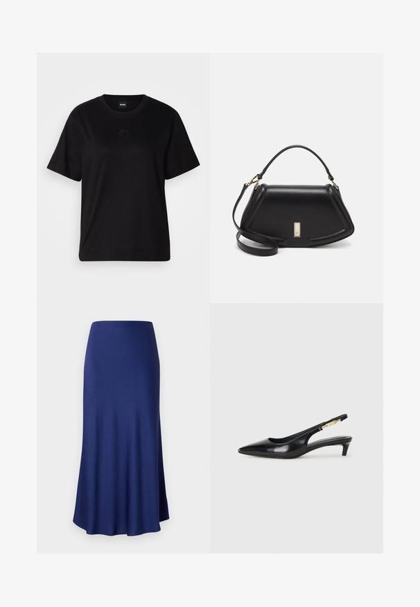 Mustmust särk, millel on ümar kaelus, lühikesed varrukad ja tindiga tikitud logo rinnal. Lihtne, mugav lõige ilma mustriteta.; Tumedane sinine, pahklai pikkuses seelik, mis on valmistatud siledast, elastsemast kangast; lehviks kujuline disain ja õrn läige; nähtavad mustrid või riistvarad puuduvad.; Mustad nahast slingback kontsad terava ninaga, millel on õhuke konts ja kuldse tooni aktsent reguleeritaval rihmal. Sile tekstuur.; Must mustrist käekott, millel on struktureeritud disain, lühendatud kuju, ülemine käepide ja kuldne metallist detail. Reguleeritav õlalihm on kaasas.