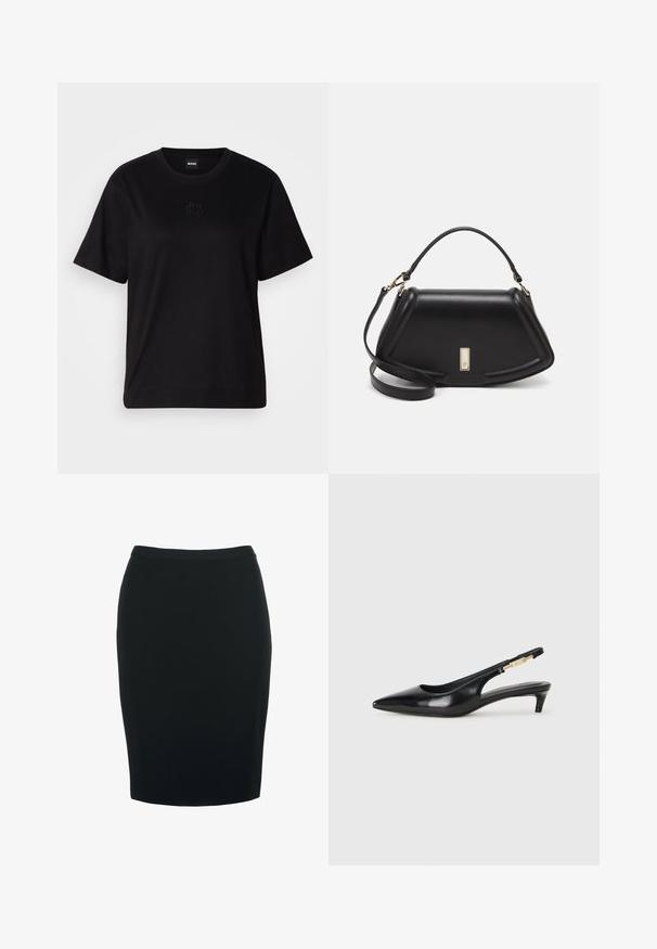 Camiseta de algodón negra con cuello redondo, mangas cortas y un logo bordado en el pecho. Ajuste simple y relajado sin patrones.; Falda lápiz negra con una silueta ajustada, hecha de una tela suave y elástica. Presenta una cintura de altura media y un diseño hasta la rodilla.; Tacones negros de piel sintética tipo slingback con punta afilada, que cuentan con un tacón delgado y un detalle en tono dorado en la correa ajustable. Textura suave.; Bolso de mano de cuero negro con un diseño estructurado, que presenta una forma recortada, asa superior y acentos en dorado. Correa de hombro ajustable incluida.