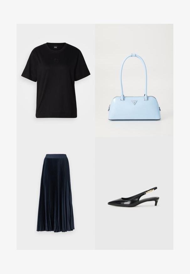 Čierne bavlnené tričko s okrúhlym výstrihom, krátkymi rukávmi a vyšívaným logom na hrudi. Jednoduchý, voľný strih bez vzorov.; Námornícka plisovaná sukňa so širokým elastickým pásom s embosovaným logom, vyrobená z hladkej, plynulej tkaniny. Dĺžka dosahuje do polovice lýtok.; Čierne kožené slingback opätky s špicatou špičkou, s úzkym opätkom a zlatým detailom na nastaviteľnom remienku. Hladká textúra.; Svetlomodrá kabelka so štruktúrovaným tvarom, vyrobená z hladkej kože, s dvoma uchami a trojuholníkovým logom značky na prednej strane. Zapínanie na zips.