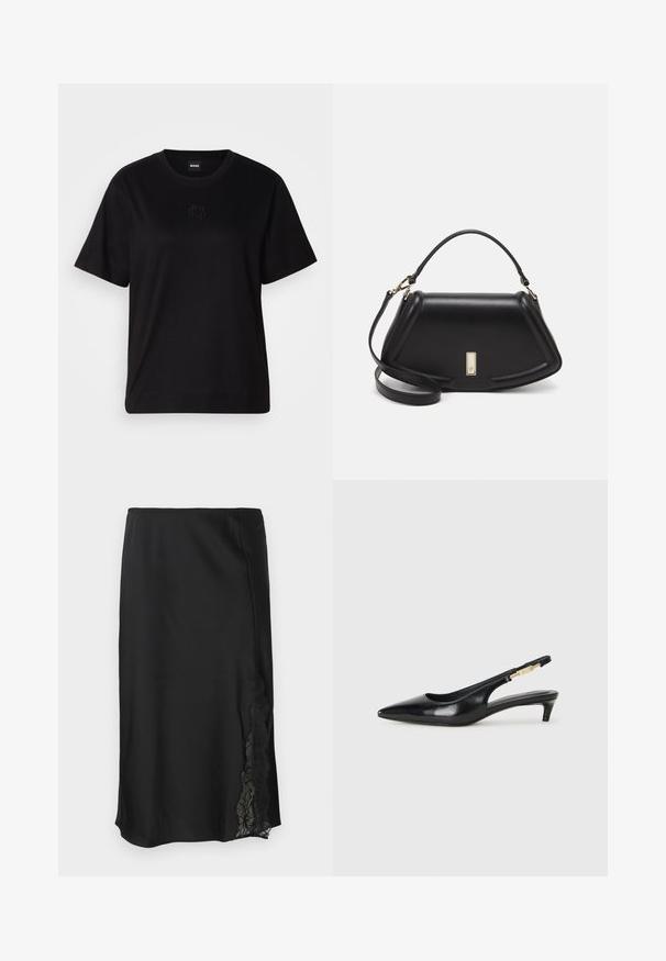 Svart bomullströja med rund halsringning, korta ärmar och en broderad logotyp på bröstet. Enkel, avslappnad passform utan mönster.; Svart satin kjol med en slät textur, med en spetsdetalj på ena sidan och en rak fåll. Elastisk midja för en flexibel passform.; Svart läder slingback-hälar med spetsig tå, med en smal klack och en guldtonad detalj på den justerbara remmen. Slät textur.; Svart läderhandväska med en strukturerad design, som har en avskuren form, ett handtag upptill och guldiga detaljer. Justerbar axelrem ingår.