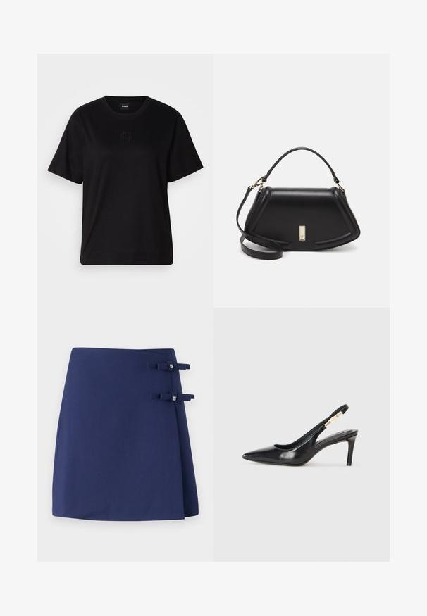 Μαύρο βαμβακερό μπλουζάκι με στρογγυλή λαιμόκοψη, κοντά μανίκια και κεντημένο λογότυπο στο στήθος. Απλή, χαλαρή γραμμή χωρίς σχέδια.; Ναυτικό μπλε φούστα περιτυλίγματος με υφή, που διαθέτει δύο μικρές υφασμάτινες κορδέλες ως λεπτομέρεια στο πλάι. Απλός και δομημένος σχεδιασμός.; Μαύρο δερμάτινο παπούτσι με τακούνι, slingback, με μυτερή μύτη, ομαλή υφή και στενή ιμάντα στον αστράγαλο με χρυσές λεπτομέρειες.; Μαύρη δερμάτινη τσάντα με δομημένο σχέδιο, που διαθέτει κομμένο σχήμα, επάνω λαβή και χρυσά μεταλλικά στοιχεία. Περιλαμβάνει ρυθμιζόμενο λουρί ώμου.
