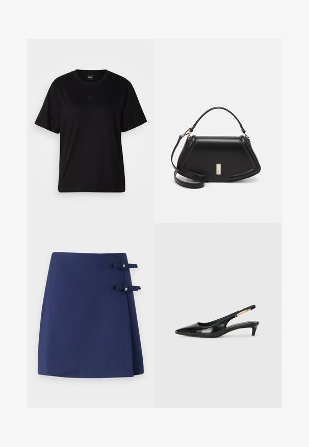 T-shirt en coton noir avec un col rond, des manches courtes et un logo brodé sur la poitrine. Coupe simple et décontractée sans motifs.; Jupe portefeuille bleu marine avec une finition texturée, ornée de deux petits nœuds en tissu sur le côté. Design simple et structuré.; Talons hauts en cuir noir avec un bout pointu, dotés d'un talon fin et d'un accent en ton or sur la lanière réglable. Texture lisse.; Sac à main en cuir noir avec un design structuré, featuring une forme cropped, une poignée supérieure et des accents en matériel doré. Bandoulière réglable incluse.