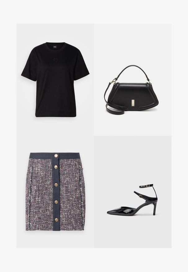 Schwarzes Baumwoll-T-Shirt mit Rundhalsausschnitt, kurzen Ärmeln und aufgesticktem Logo auf der Brust. Einfacher, lässiger Schnitt ohne Muster.; Gewebter Tweed-Rock in Marineblau, Rot und Weiß. Verfügt über einen breiten Bund, eine vordere Knopfleiste und Seitentaschen. Strukturierter Stoff mit dezenten Mustern.; Schwarze Lacklederabsätze mit spitzer Zehenpartie, verstellbaren Knöchelriemen und einem schlanken Absatz. Glatte Textur mit glänzender Oberfläche.; Schwarze Lederhandtasche mit einem strukturierten Design, das eine verkürzte Form, einen oberen Griff und goldfarbene Hardware-Details aufweist. Verstellbarer Schulterriemen ist enthalten.