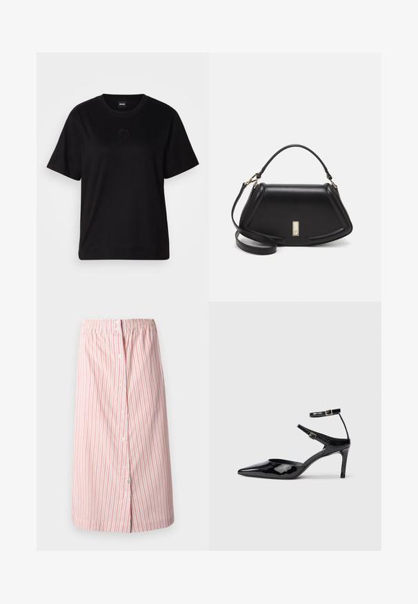 Svart bomull T-skjorte med rund hals, korte ermer og et brodert logo på brystet. Enkel, avslappet passform uten mønstre.; Stripet skjørt i hvitt med røde vertikale striper, med elastisk midje, frontknapper og rett snitt i kne-lengde design.; Sorte lakkede hæle med spids tå, justerbare ankelstropper og en slank hæl. Glat tekstur med en skinnende overflade.; Sort lærveske med en strukturert design, som har en avkortet form, topphåndtak og detaljer i gull. Justerbar skulderstropp inkludert.