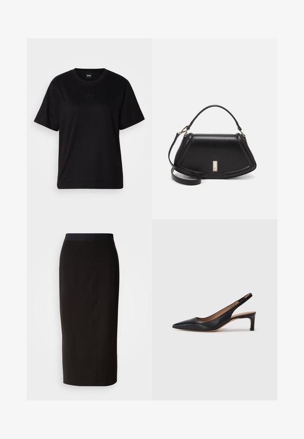 T-shirt negru din bumbac, cu guler rotund, mâneci scurte și un logo brodat pe piept. Design simplu, cu o croială relaxată și fără modele.; Fustă midi neagră din material elastic, având un design ajustat și un brâu elastic confortabil. Textură netedă, fără modele.; Pantofii slingback din piele neagră, cu vârf ascuțit, toc jos și o textură netedă. Prezintă o curea subțire, ajustabilă, pentru o fixare sigură.; Geantă de umăr din piele neagră, cu un design structurat, având o formă tăiată, mânere superioare și accente din aur. Include o curea de umăr ajustabilă.
