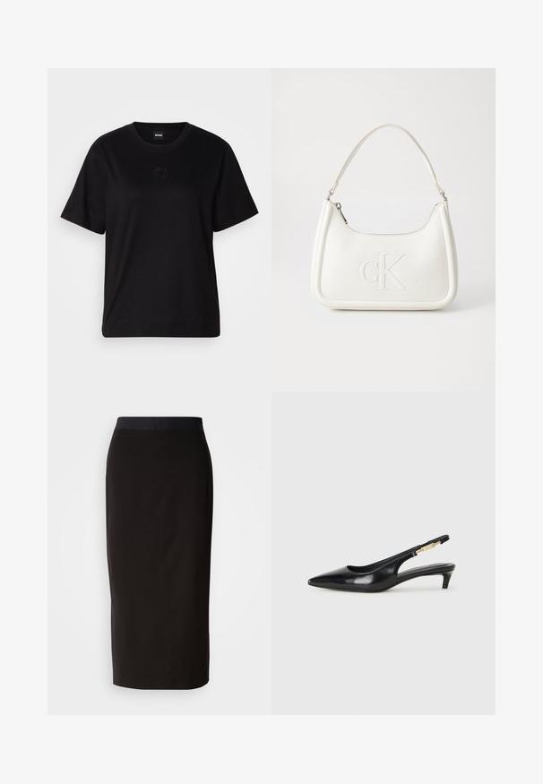 T-shirt en coton noir avec un col rond, des manches courtes et un logo brodé sur la poitrine. Coupe simple et décontractée sans motifs.; Jupe midi noire en matière extensible, dotée d'une coupe ajustée et d'une ceinture élastique confortable. Texture lisse sans motifs.; Talons hauts en cuir noir avec un bout pointu, dotés d'un talon fin et d'un accent en ton or sur la lanière réglable. Texture lisse.; Sac à main en cuir blanc avec une forme courbée, arborant un logo "CK" embossé à l'avant et une seule bandoulière. Fermeture à glissière en haut.