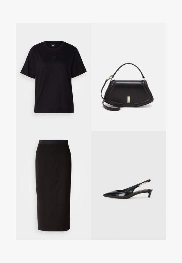 Musta puuvillapaita, jossa on pyöreä kaula-aukko, lyhyet hihat ja brodeerattu logo rinnassa. Yksinkertainen, rento istuvuus ilman kuvioita.; Mustat midi-hameet, jotka on valmistettu joustavasta materiaalista, omaavat tiukan muotoilun ja mukavan elastisen vyötärön. Sileä pinta ilman kuvioita.; Mustat nahkaiset slingback-korkokengät, joissa on terävä kärki, ohuet korot ja kultasävytteinen yksityiskohta säädettävässä hihnassa. Silkkinen pinta.; Mustalla nahkalaukulla, jossa on jämäkkä muotoilu, lyhyt malli, yläkahva ja kultaiset yksityiskohdat. Säädettävä olkahihna sisältyy.