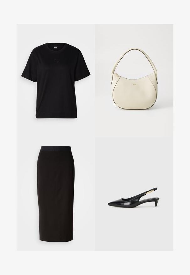 Crna pamučna majica s okruglim izrezom, kratkim rukavima i izvezenim logotipom na prsima. Jednostavan, opušten kroj bez uzorka.; Crna midi suknja napravljena od rastezljivog materijala, s prilagođenim dizajnom i udobnom elastičnom talijom. Glatka tekstura bez uzoraka.; Crne kožne sandale s petom, s izduženim vrhom, imaju usku petu i zlatni akcent na podesivoj traci. Glatka tekstura.; Torbica boje krema s teksturiranim završetkom, zakrivljenog oblika, kratkom ručkom i logotipom u zlatnoj boji. Zatvarač na vrhu.
