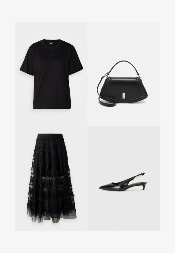 Zwarte katoenen t-shirt met een ronde hals, korte mouwen en een geborduurd logo op de borst. Eenvoudige, comfortabele pasvorm zonder patronen.; Zwarte gelaagde kantrok met een gerimpeld ontwerp, voorzien van een brede elastische tailleband en doorzichtige lagen. Textuurkant en stippenoverlay presentatie.; Zwarte leren slingback hakken met een spitse neus, voorzien van een slanke hak en een goudkleurige accent op de verstelbare band. Gladde textuur.; Zwarte leren handtas met een gestructureerd ontwerp, featuring een verkorte vorm, bovenhandvat en gouden hardwareaccent. Inclusief verstelbare schouderband.