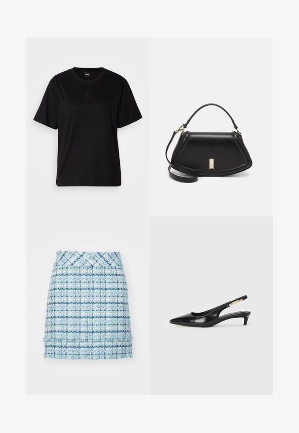Svart bomullströja med rund halsringning, korta ärmar och en broderad logotyp på bröstet. Enkel, avslappnad passform utan mönster.; Blå tweed mini kjol med en strukturerad mönster, som har en fransad nederkant och en åtsittande midja. Designen innefattar olika nyanser av blått.; Svart läder slingback-hälar med spetsig tå, med en smal klack och en guldtonad detalj på den justerbara remmen. Slät textur.; Svart läderhandväska med en strukturerad design, som har en avskuren form, ett handtag upptill och guldiga detaljer. Justerbar axelrem ingår.