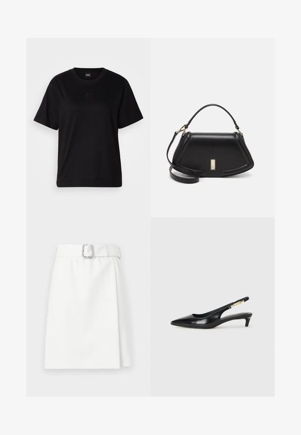 T-shirt de algodão preto com decote redondo, mangas curtas e um logótipo bordado no peito. Corte simples e descontraído, sem padrões.; Mini saia branca com um cinto, apresentando uma textura suave e uma leve silhueta em A. Detalhe de fivela de metal e passantes para cinto.; Saltos slingback em couro preto com bico fino, apresentando um salto esguio e um detalhe em tom dourado na alça ajustável. Textura suave.; Bolsa de couro preta com um design estruturado, apresentando uma forma cropped, alça superior e detalhes em metal dourado. Inclui uma alça de ombro ajustável.