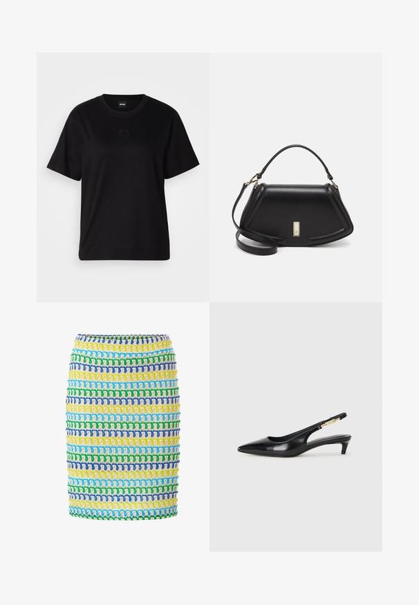 Maglietta in cotone nera con scollatura tonda, maniche corte e logo ricamato sul petto. Design semplice e vestibilità rilassata senza motivi.; Gonna a tessitura con bande orizzontali di giallo, verde, blu e bianco. Tessuto testurizzato e stretch con una silhouette aderente.; Tacchi slingback in pelle nera con punta affusolata, caratterizzati da un tacco alto e un accento dorato sulla cinghia regolabile. Texture liscia.; Borsa a mano in pelle nera con un design strutturato, caratterizzata da una forma corta, manico superiore e accessori in metallo dorato. Inclusa tracolla regolabile.