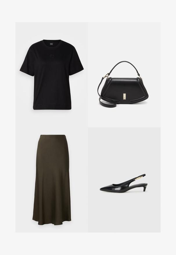 Schwarzes Baumwoll-T-Shirt mit Rundhalsausschnitt, kurzen Ärmeln und aufgesticktem Logo auf der Brust. Einfacher, lässiger Schnitt ohne Muster.; Dunkelgrüner, satinierter langer Rock mit ausgestellt geschnittenem Saum und glatter Textur. Schlichtes Design, keine sichtbaren Muster oder Beschläge.; Schwarze Leder-Slingback-Pumps mit spitzem Schuhblatt, ausgestattet mit einem schlanken Absatz und einem goldfarbigen Akzent am verstellbaren Riemen. Glatte Textur.; Schwarze Lederhandtasche mit einem strukturierten Design, das eine verkürzte Form, einen oberen Griff und goldfarbene Hardware-Details aufweist. Verstellbarer Schulterriemen ist enthalten.