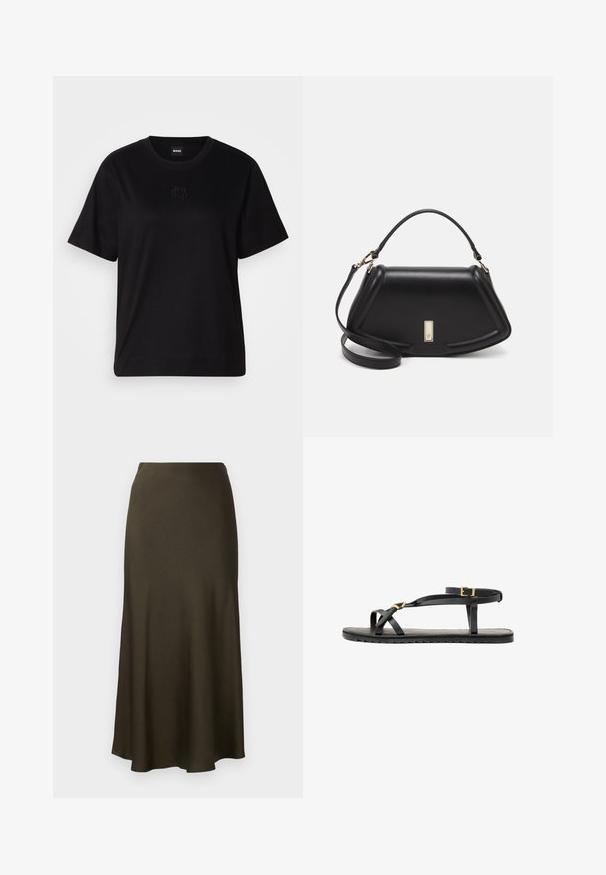 Zwarte katoenen t-shirt met een ronde hals, korte mouwen en een geborduurd logo op de borst. Eenvoudige, comfortabele pasvorm zonder patronen.; Donkergroene, satijnen lange rok met een uitlopende zoom en een gladde textuur. Eenvoudig ontwerp, geen zichtbare patronen of hardware.; Zwarte leren sandalen met dunne banden en een gespsluiting rond de enkel. Platte zool met een gestructureerde afwerking en een zigzagrand. Minimalistisch design.; Zwarte leren handtas met een gestructureerd ontwerp, featuring een verkorte vorm, bovenhandvat en gouden hardwareaccent. Inclusief verstelbare schouderband.