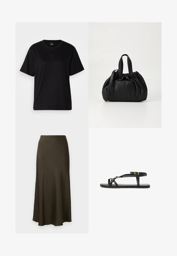 Black cotton t-shirt with a crew neckline, short sleeves, and an embroidered logo on the chest. Simple, relaxed fit with no patterns.; Dark green, satin-finish, long skirt with a flared hemline and smooth texture. Simple design, no visible patterns or hardware.; Black leather sandals with thin straps and a buckled ankle strap. Flat sole with a textured finish and zigzag edge. Minimalist design.; Black leather handbag with a gathered top design, featuring two short handles and a long adjustable strap. Smooth texture, rounded shape.