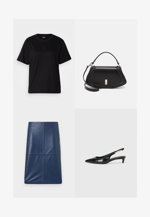Zwarte katoenen t-shirt met een ronde hals, korte mouwen en een geborduurd logo op de borst. Eenvoudige, comfortabele pasvorm zonder patronen.; Marineblauwe leren kokerrok met een gladde, glanzende textuur, voorzien van een eenvoudig, gestroomlijnd ontwerp en een rechte snit. Geen zichtbare hardware.; Zwarte leren slingback hakken met een spitse neus, voorzien van een slanke hak en een goudkleurige accent op de verstelbare band. Gladde textuur.; Zwarte leren handtas met een gestructureerd ontwerp, featuring een verkorte vorm, bovenhandvat en gouden hardwareaccent. Inclusief verstelbare schouderband.