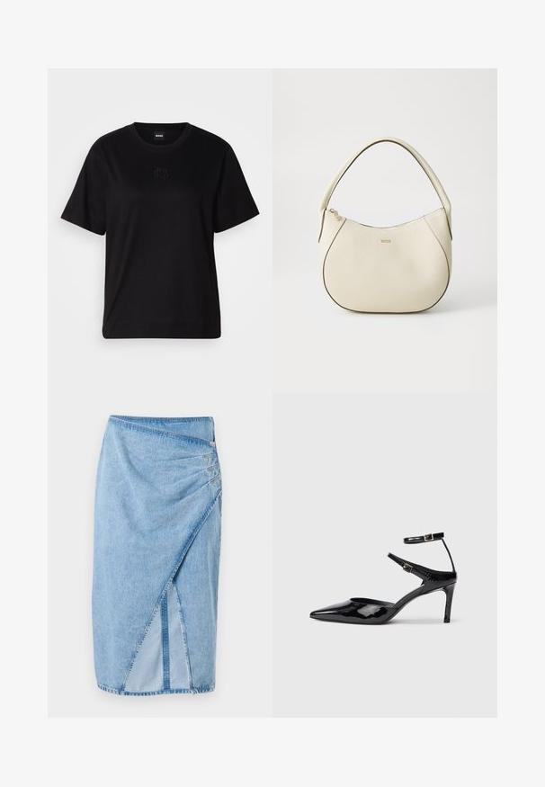 T-shirt de algodão preto com decote redondo, mangas curtas e um logótipo bordado no peito. Corte simples e descontraído, sem padrões.; Saia de ganga em azul claro com um design envolto, apresentando acabamentos cosidos e um detalhe de fecho lateral. O tecido tem um acabamento texturizado.; Sapatos de salto alto em pele sintética preta, com bico fino, tiras ajustáveis ao tornozelo e um salto esguio. Textura suave com um acabamento brilhante.; Saco de mão em tom creme com um acabamento texturizado, forma curva, alça curta e detalhe do logótipo em tom dourado. Fecho com zíper na parte superior.