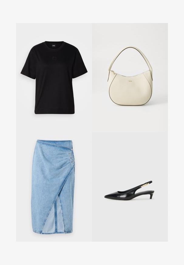 Fekete pamut póló kerek nyakkivágással, rövid ujjakkal és hímzett logóval a mellkasán. Egyszerű, laza szabás, minta nélkül.; Világoskék farmer szoknya átkötött dizájnnal, varrott részletekkel és oldalsó cipzáras megoldással. A szövet textúrált felülettel rendelkezik.; Fekete bőr slingback magassarkúk, hegyes orral, vékony sarkakkal és arany színű részlettel a állítható pánton. Simа felület.; Krém színű kézi táska texturált felülettel, ívelt formával, rövid fogantyúval és arany színű logó részlettel. Cipzáros záródás a tetején.