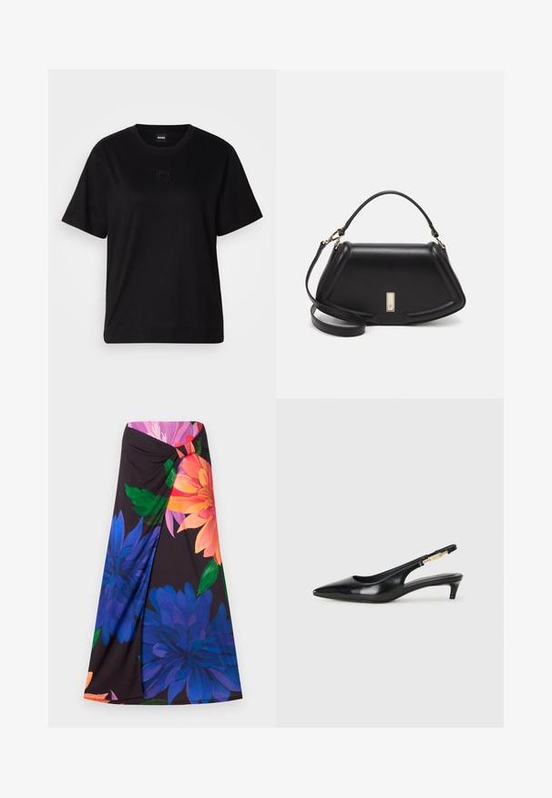 Zwarte katoenen t-shirt met een ronde hals, korte mouwen en een geborduurd logo op de borst. Eenvoudige, comfortabele pasvorm zonder patronen.; Bloeiende maxi rok met een zwarte achtergrond, voorzien van grote blauwe en oranje bloemen. Geknoopt ontwerp bij de taille met een rode accente. Zachte stof.; Zwarte leren slingback hakken met een spitse neus, voorzien van een slanke hak en een goudkleurige accent op de verstelbare band. Gladde textuur.; Zwarte leren handtas met een gestructureerd ontwerp, featuring een verkorte vorm, bovenhandvat en gouden hardwareaccent. Inclusief verstelbare schouderband.