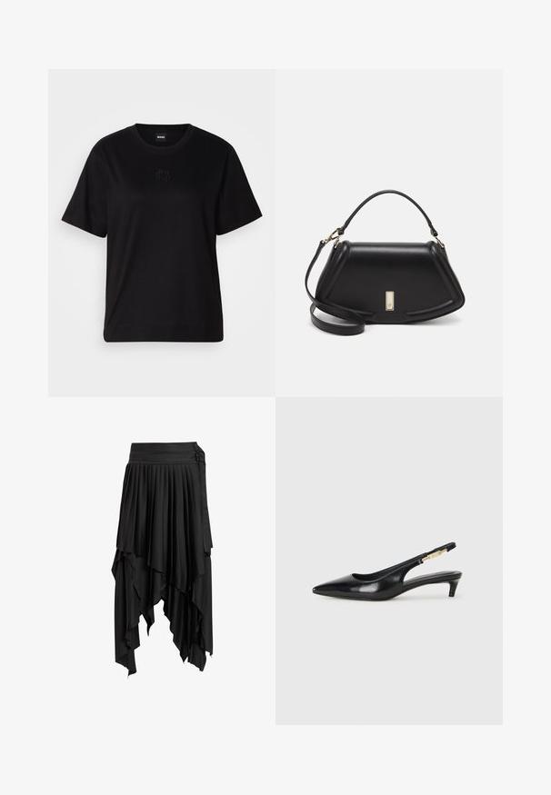 Fekete pamut póló kerek nyakkivágással, rövid ujjakkal és hímzett logóval a mellkasán. Egyszerű, laza szabás, minta nélkül.; Fekete pliszírozott szoknya aszimmetrikus szegéllyel, réteges kialakítással, sima selyem textúrával és két gomb díszítéssel a deréknál.; Fekete bőr slingback magassarkúk, hegyes orral, vékony sarkakkal és arany színű részlettel a állítható pánton. Simа felület.; Fekete bőr kézitáska, strukturált dizájnnal, rövidített formával, felső fogantyúval és arany színű kiegészítőkkel. Állítható vállpánt is tartozik hozzá.