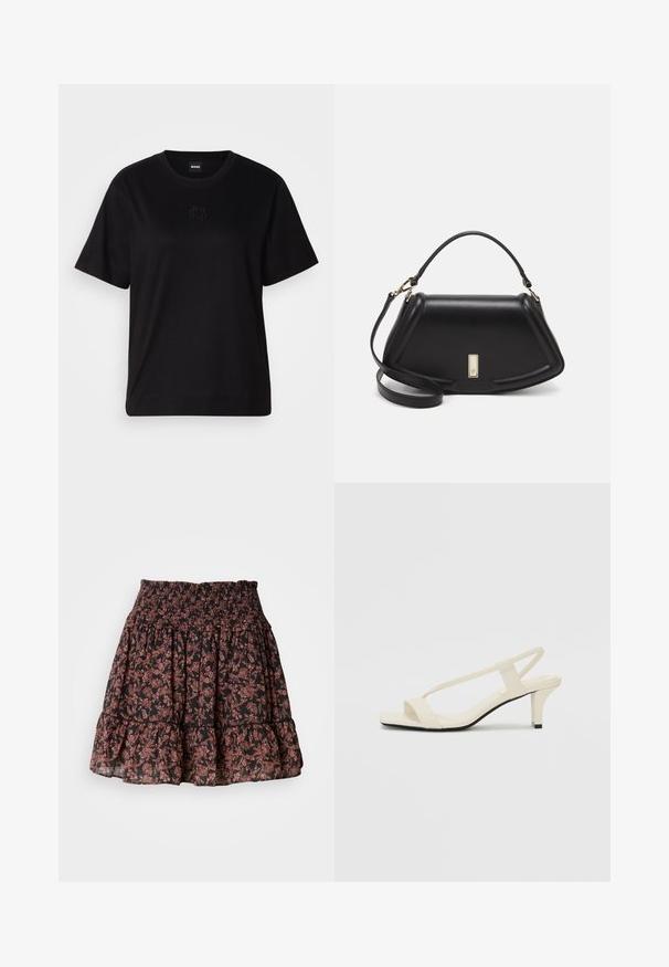 Sort bomulds t-shirt med rund halsudskæring, korte ærmer og et broderet logo på brystet. Enkel, afslappet pasform uden mønstre.; Sort blomsterkjede med en smocket talje, der har flæset tiers og et delikat mønster i pink og brun. Letvægtsstof.; Beige blokhælede sandaler med tynde remme og en firkantet tå. Glat materiale med minimal detaljering, designet til nem brug.; Sort læderhåndtaske med en struktureret design, der har en kortet form, tophåndtag og guld hardware-accenter. Justerbar skulderrem inkluderet.