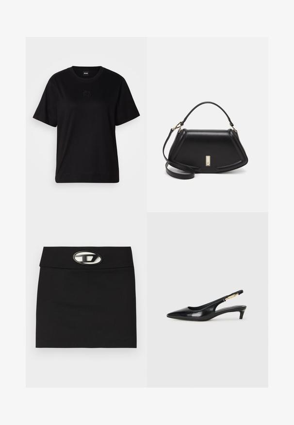 Maglietta in cotone nera con scollatura tonda, maniche corte e logo ricamato sul petto. Design semplice e vestibilità rilassata senza motivi.; Gonna mini nera con una vita piatta. Presenta una grande fibbia con logo metallico sul fronte. Realizzata in tessuto morbido senza motivi visibili.; Tacchi slingback in pelle nera con punta affusolata, caratterizzati da un tacco alto e un accento dorato sulla cinghia regolabile. Texture liscia.; Borsa a mano in pelle nera con un design strutturato, caratterizzata da una forma corta, manico superiore e accessori in metallo dorato. Inclusa tracolla regolabile.