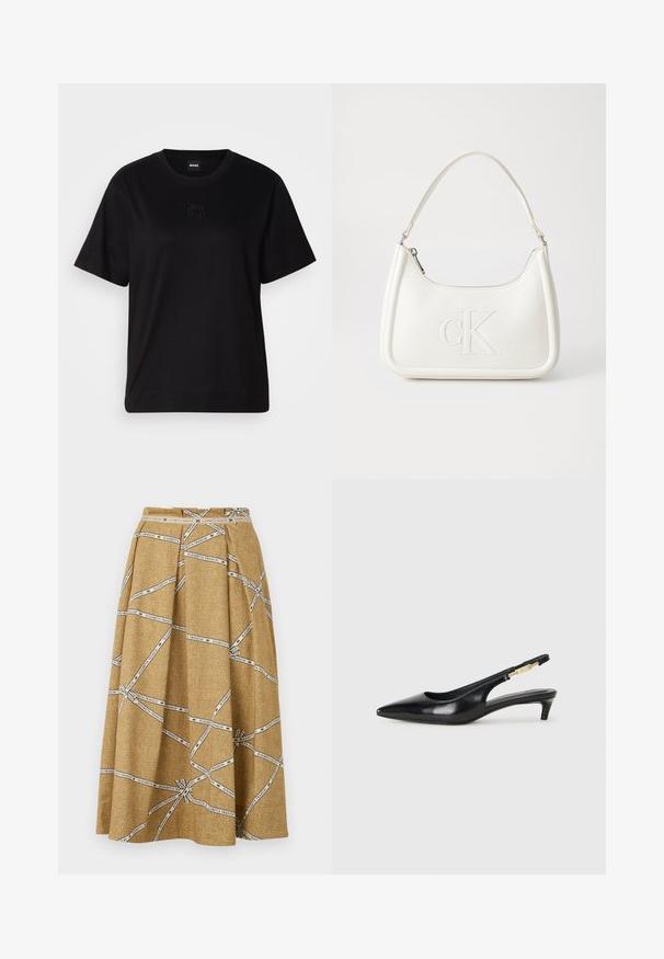 T-shirt negru din bumbac, cu guler rotund, mâneci scurte și un logo brodat pe piept. Design simplu, cu o croială relaxată și fără modele.; O fustă plisată dintr-un material texturat de culoare aurie, având un model grafic alb cu textul "ELISABETTA FRANCHI" în diverse orientări.; Sandale slingback din piele neagră cu vârf ascuțit, având un toc subțire și un accent de culoare aurie pe curea ajustabilă. Textură netedă.; Geantă de umăr din piele albă cu formă curbată, având un logo "CK" embosat pe partea din față și un singur braț de umăr. Închidere cu fermoar în partea de sus.