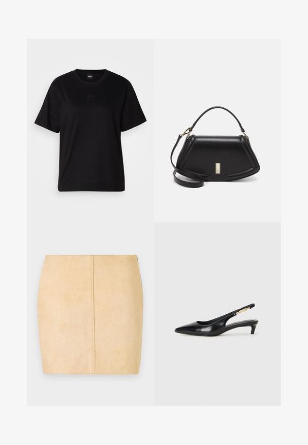 T-shirt en coton noir avec un col rond, des manches courtes et un logo brodé sur la poitrine. Coupe simple et décontractée sans motifs.; Jupon mini en suède beige offrant une texture lisse, une silhouette ajustée et un détail de couture centrale. Pas de matériel ou d'embellissements visibles.; Talons hauts en cuir noir avec un bout pointu, dotés d'un talon fin et d'un accent en ton or sur la lanière réglable. Texture lisse.; Sac à main en cuir noir avec un design structuré, featuring une forme cropped, une poignée supérieure et des accents en matériel doré. Bandoulière réglable incluse.