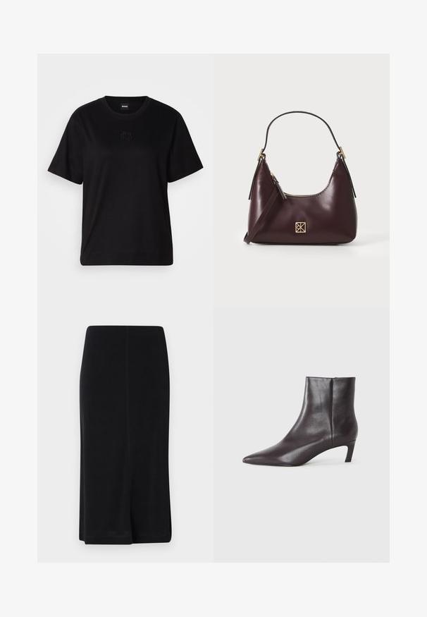 Crna pamučna majica s okruglim izrezom, kratkim rukavima i izvezenim logotipom na prsima. Jednostavan, opušten kroj bez uzorka.; Crna suknja do koljena napravljena od glatkog materijala, s ravnim siluetom, jednostavnim dizajnom i bočnim prorezima za lako kretanje.; Crna kožna gležnjača s šiljastim nosom i niskom kitten petom, glatke površine, sa bočnim zatvaračem, prikazana na neutralnoj pozadini.; Bordo kožna torba s zakrivljenim oblikom, zlatni akcenti na hardveru i zatvorena na patentni zatvarač. Ima odvojivi rameni pojas.