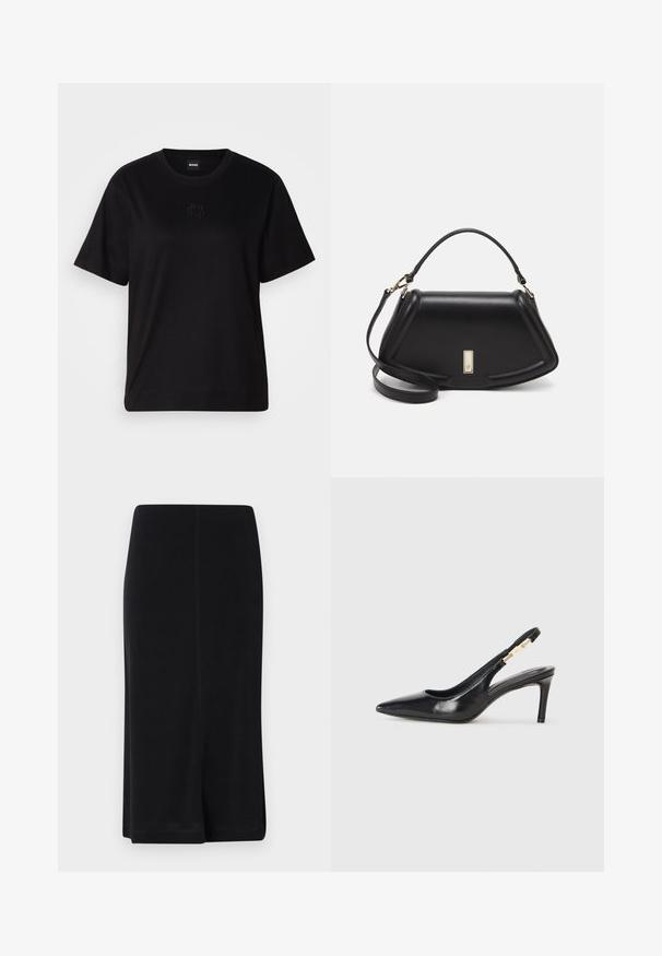 Črna bombažna majica s krožnim izrezom, kratkimi rokavi in izvezenim logotipom na prsih. Preprosta, sproščena silhueta brez vzorcev.; Črna krila do kolen, izdelana iz gladkega materiala, z neposredno silhueto, preprostim dizajnom in stranskimi razpoki za lažje gibanje.; Črne usnjene sandale na visoki peti s koničastim nosom, gladko teksturo in ožjim gležnjarjem, ki ima zlate kovinske dodatke.; Črna usnjena torbica s strukturnim dizajnom, ki ima skrajšano obliko, zgornji ročaj in zlate dodatke. Vključena je nastavljiva ramenska naramnica.