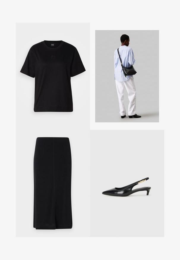Černé bavlněné tričko s kulatým výstřihem, krátkými rukávy a vyšitým logem na hrudi. Jednoduchý, volný střih bez vzorů.; Černá sukně po kolena vyrobená z hladké tkaniny, se širokým střihem, jednoduchým designem a bočními štěpy pro snadný pohyb.; Černé kožené boty na podpatku s otevřenou patou a špičatou špičkou, s tenkým podpatkem a zlatým akcentem na nastavitelném pásku. Hladký povrch.; Černá kožená kabelka přes rameno s jemnou texturou, trojúhelníkovým tvarem a nastavitelným popruhem, v kombinaci se světle modrou pruhovanou košilí a bílými kalhotami.
