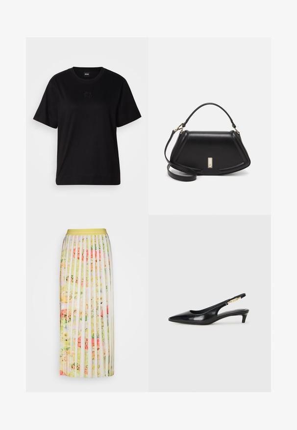 Black cotton t-shirt with a crew neckline, short sleeves, and an embroidered logo on the chest. Simple, relaxed fit with no patterns.; Pleated maxi skirt with a yellow waistband, featuring a vibrant floral pattern in shades of pink, green, and cream on a sheer white base.; Black leather slingback heels with a pointed toe, featuring a slim heel and a gold-tone accent on the adjustable strap. Smooth texture.; Black leather handbag with a structured design, featuring a cropped shape, top handle, and gold hardware accent. Adjustable shoulder strap included.