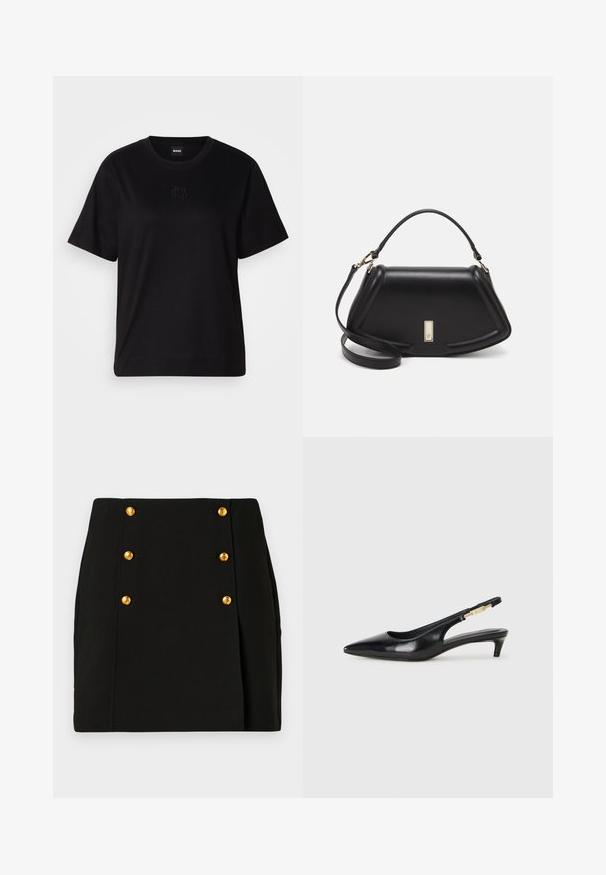 Fekete pamut póló kerek nyakkivágással, rövid ujjakkal és hímzett logóval a mellkasán. Egyszerű, laza szabás, minta nélkül.; Fekete mini szoknya, testhez simuló fazonban, elülső paneljén négy arany gombbal és oldalsó redőzéssel. Sima anyagból készült.; Fekete bőr slingback magassarkúk, hegyes orral, vékony sarkakkal és arany színű részlettel a állítható pánton. Simа felület.; Fekete bőr kézitáska, strukturált dizájnnal, rövidített formával, felső fogantyúval és arany színű kiegészítőkkel. Állítható vállpánt is tartozik hozzá.